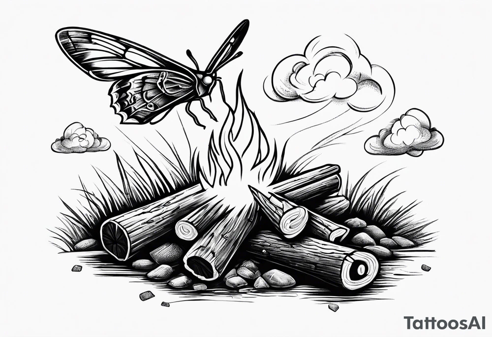 Campfire with small Moth flying above tattoo idea