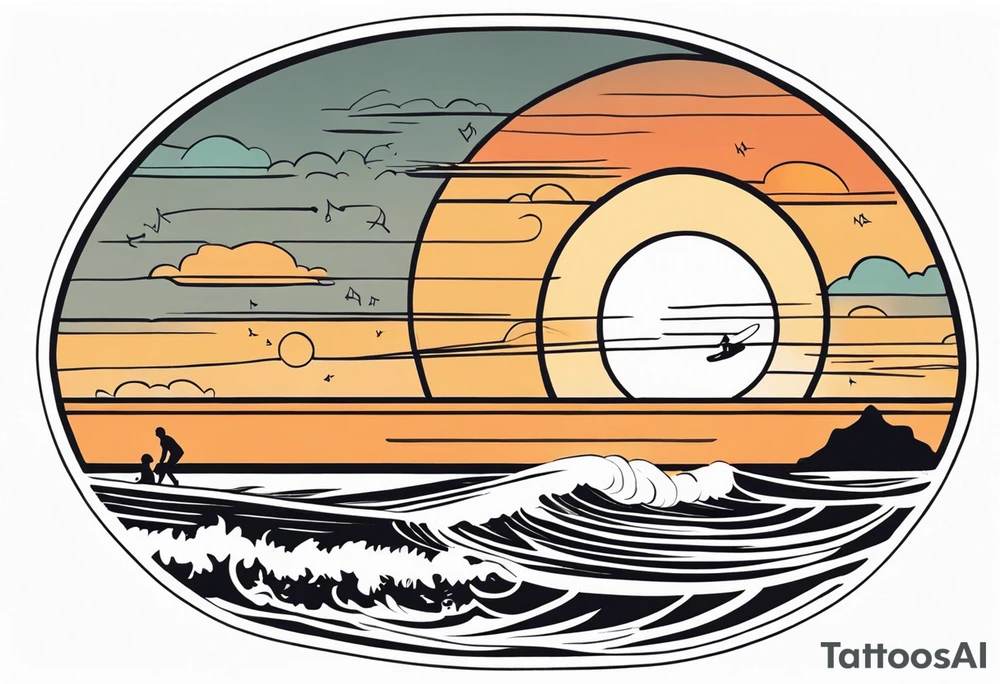 Black and white Line work tattoo depicting a father surfing with his two daughters.  The sunset and horizon have musical notes. tattoo idea