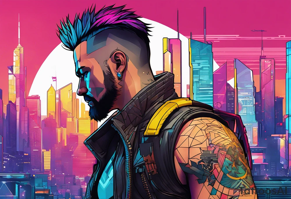 cyberpunk 2077, forearm tattoo, geometric, subtle, men, city skyline, bright colour, panam palmer tattoo idea
