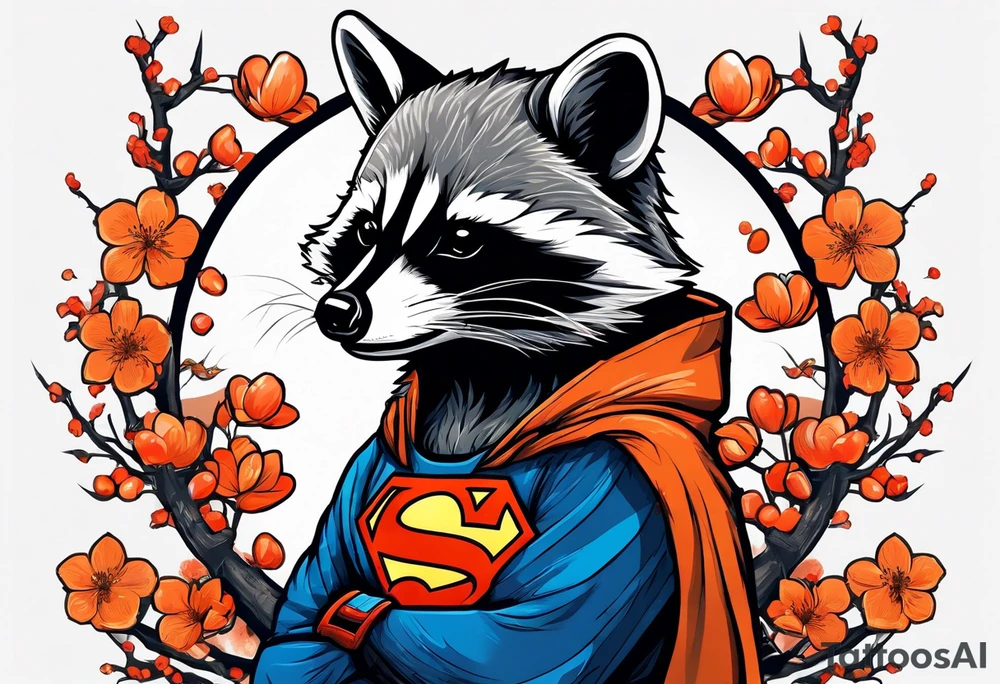 raccoon wearing a Superman hoodie with orange cherry blossoms tattoo idea