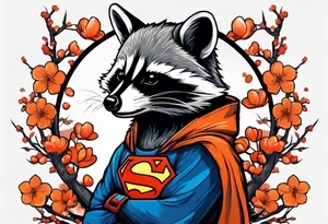 raccoon wearing a Superman hoodie with orange cherry blossoms tattoo idea
