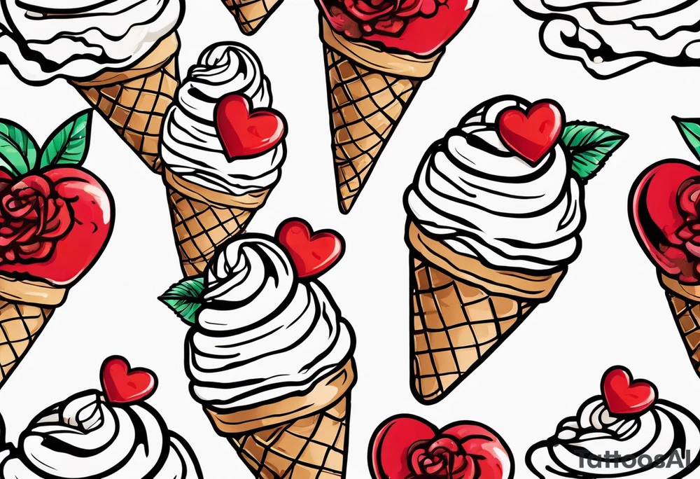 sketch chocolate chip ice cream cone with one red heart tattoo idea