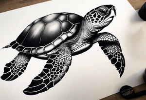 A serene turtle swimming underwater, detailed shell patterns visible, symbolizing patience and longevity.” tattoo idea