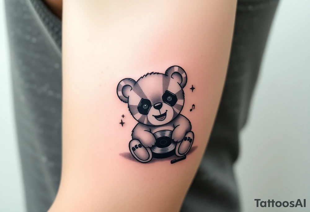 minimalist teddy bear with vinyl records as eyes smiling and sitting on a record tattoo idea