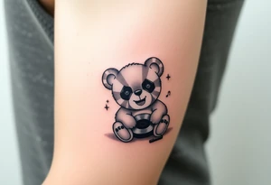 minimalist teddy bear with vinyl records as eyes smiling and sitting on a record tattoo idea