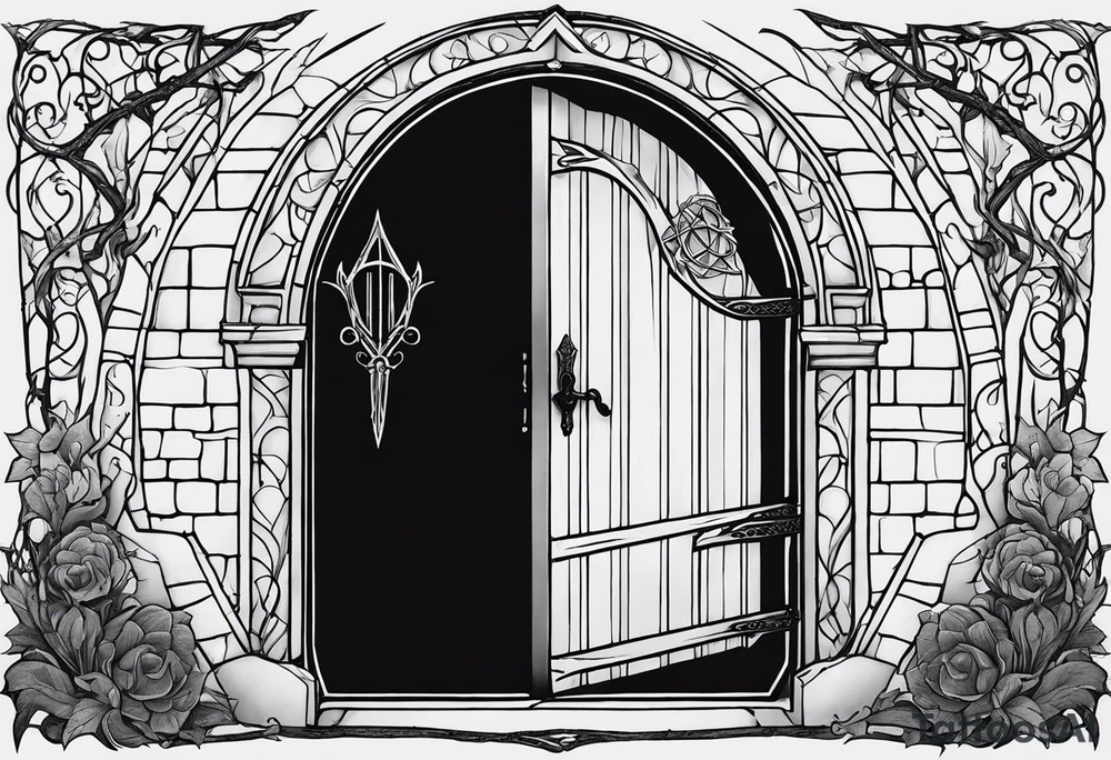 Lord of the rings and Harry Potter movie mashup. Small and simple. Hobbit door hole, wands, elvish writing, deathly hallows tattoo idea