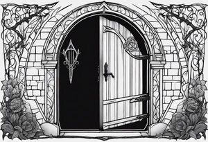 Lord of the rings and Harry Potter movie mashup. Small and simple. Hobbit door hole, wands, elvish writing, deathly hallows tattoo idea