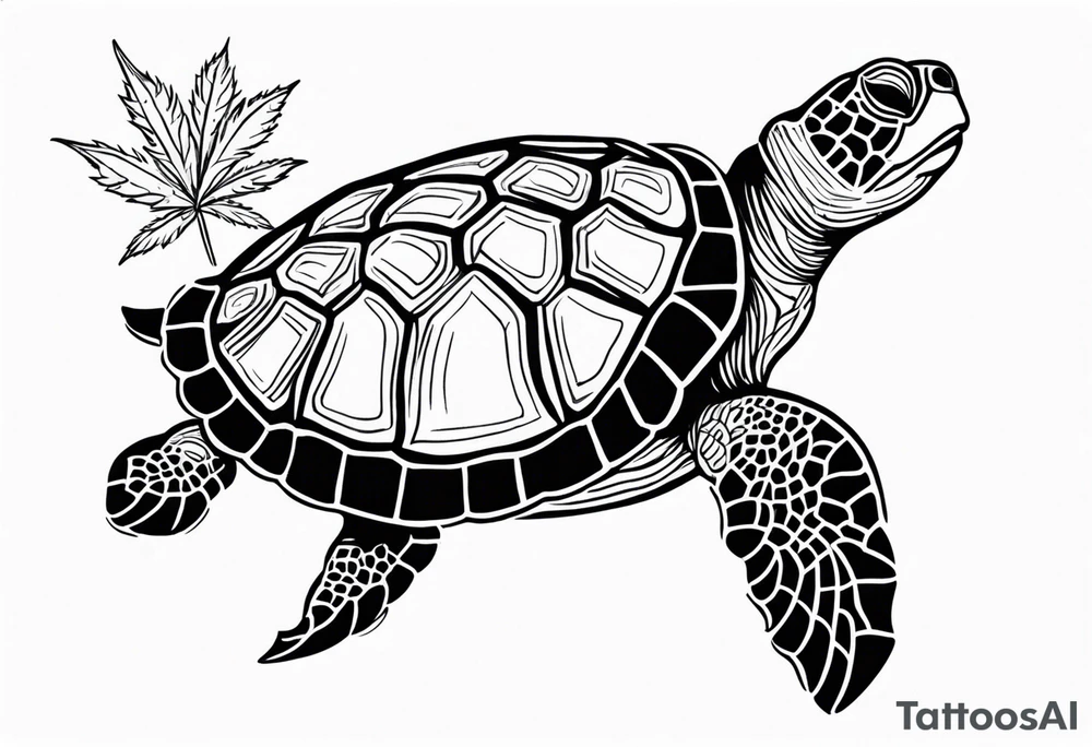 Turtle laying on its back on a marijuana leaf tattoo idea