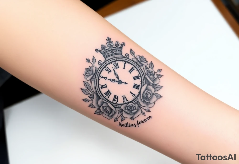Roman clock with a crown, surrounded by  roses and a quote that says nothings forever and with playing cards tattoo idea