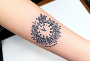 Roman clock with a crown, surrounded by  roses and a quote that says nothings forever and with playing cards tattoo idea