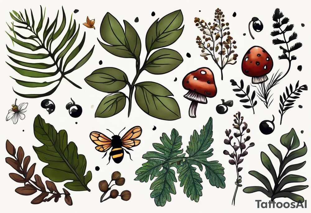 forest floor inspired minimalist tattoo, which includes grass, curly ferns, moss and dead leaves as the bulk of the tattoo. details to include: forest berries, a tiny bumblebee flying nearby, three small brown mushrooms
Generate a vertically long one tattoo idea