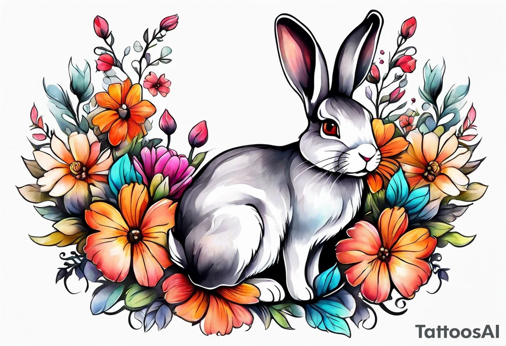Rabbit and flowers, spine tattoo cover up tattoo idea