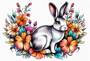 Rabbit and flowers, spine tattoo cover up tattoo idea