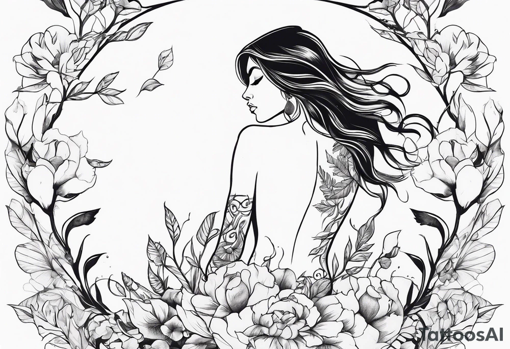Full body Powerful sexy warrior woman wearing animal fur surrounded by flowers and vines tattoo idea