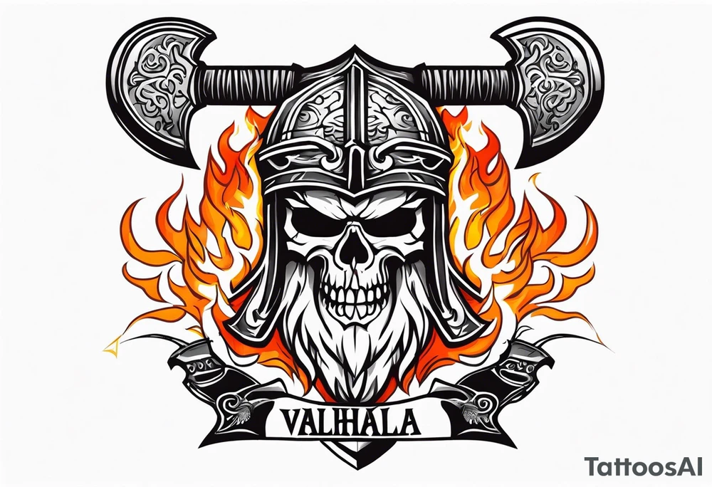 valhalla on fire sword shield axe tattoo idea