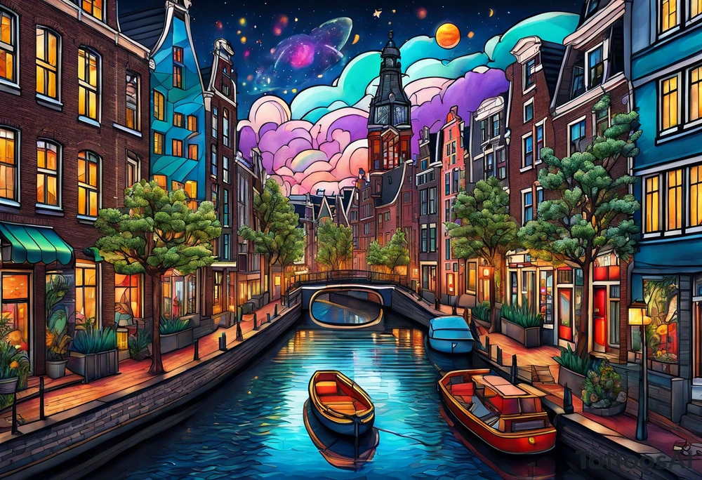 Tattoo of  animals and pineapples in Amsterdam buildings and canal featuring glass and colours of galaxy and universe colours tattoo idea