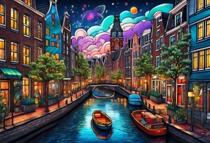 Tattoo of  animals and pineapples in Amsterdam buildings and canal featuring glass and colours of galaxy and universe colours tattoo idea