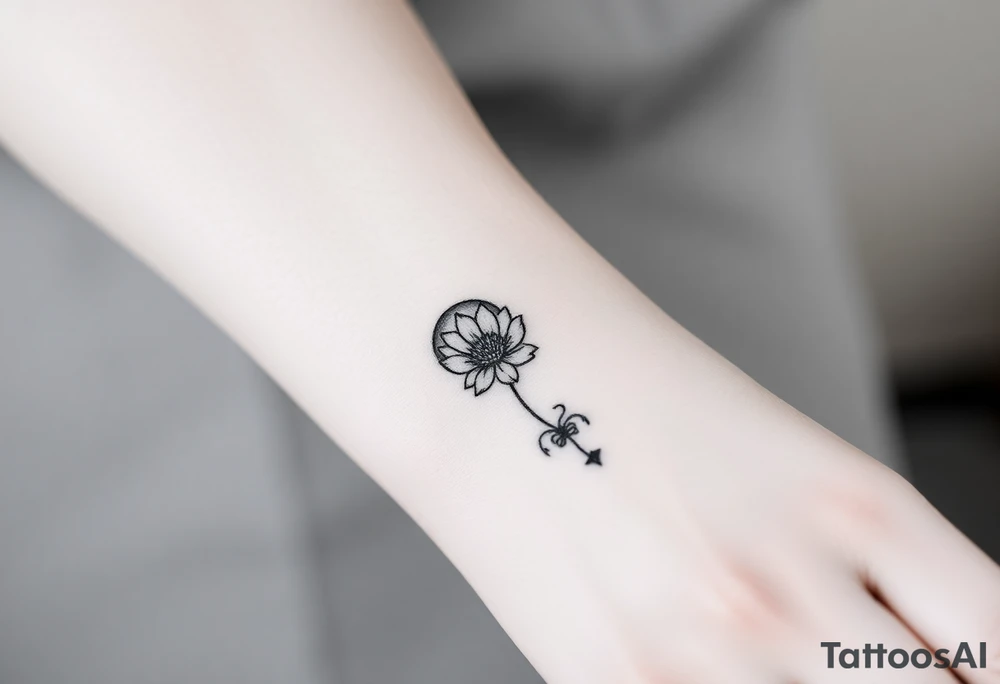 Small black ink minimalist tattoo with full moon, small chrysanthemum and tiny scorpio gliph tattoo idea