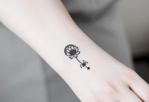 Small black ink minimalist tattoo with full moon, small chrysanthemum and tiny scorpio gliph tattoo idea