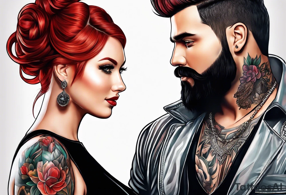 Busty red haired woman with a bearded man who has black hair tattoo idea