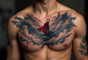 A stormy sky with Thor’s silhouette emerging from the clouds, holding Mjölnir high, his red cape flowing, in dramatic black, grey, and deep red tones. tattoo idea