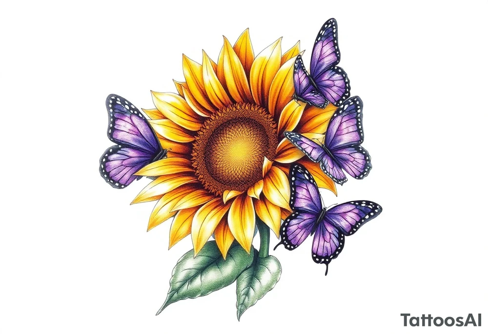 Sunflower with purple butterflies on side tattoo idea