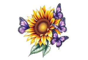 Sunflower with purple butterflies on side tattoo idea