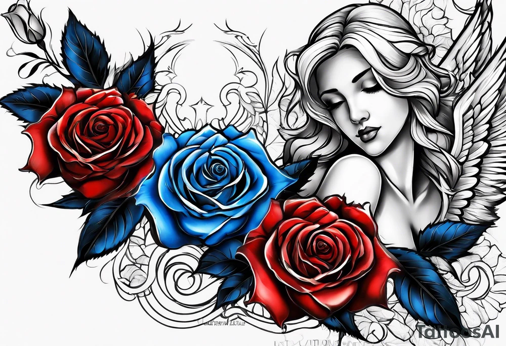 Colored blue and red roses angel tattoo idea