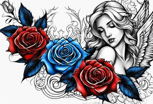 Colored blue and red roses angel tattoo idea