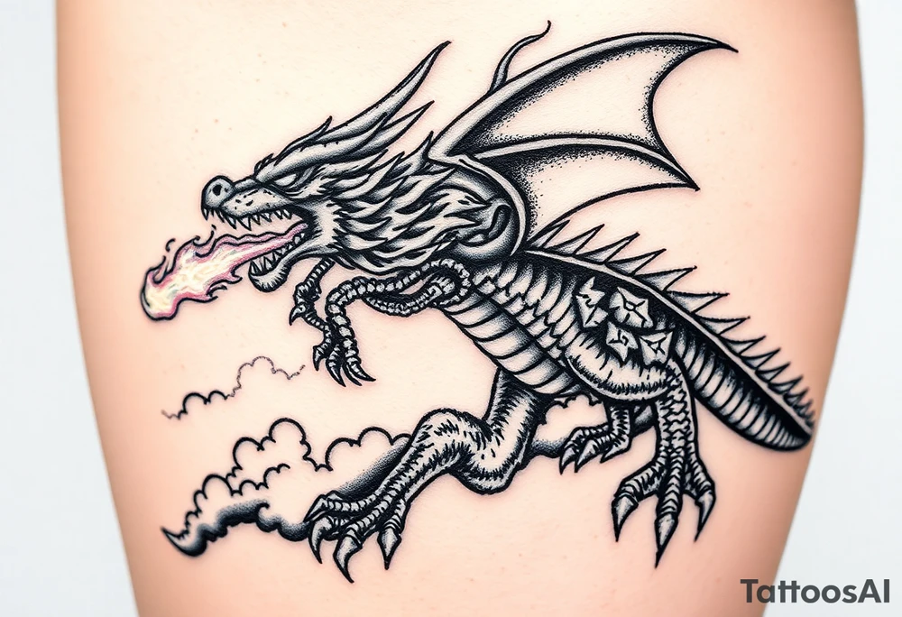 fierce dragon breathing iridescent fire against stormy skies tattoo idea