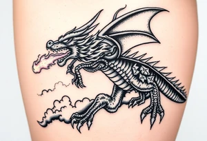 fierce dragon breathing iridescent fire against stormy skies tattoo idea