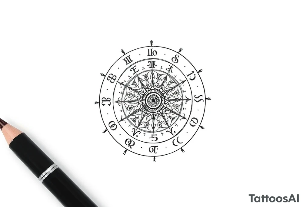 zodiac symbols and Norse runes within ornate clockwork mechanism tattoo idea