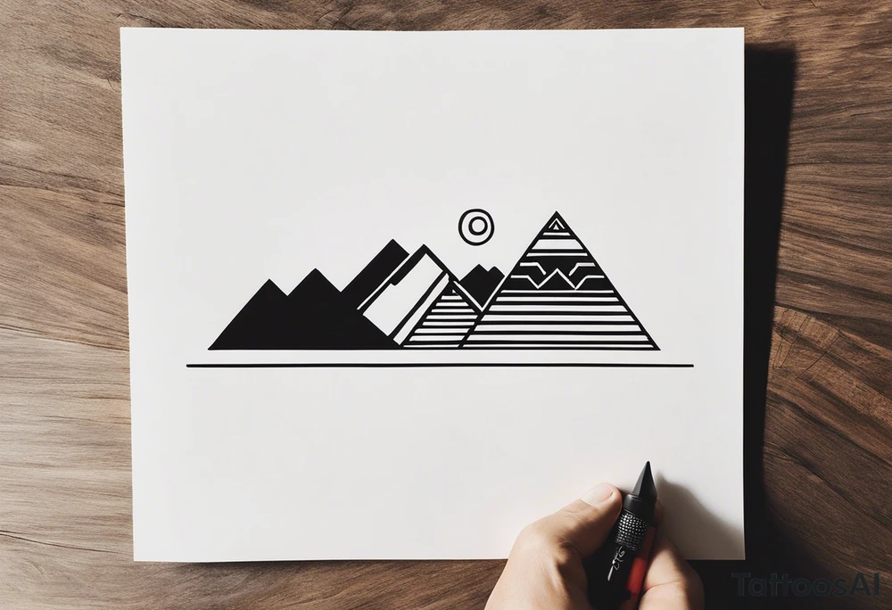 Create a minimalistic tattoo design incorporating a vertical line symbolizing a path. At the top is a spruce tree, the middle part is replaced with an outline of Machu Picchu, and at the bottom is an image of a sun with rays, stylized in Aztec art. Below the sun, add a small llama. All elements are done in black outline with no fill, creating a clean and symbolic image. tattoo idea