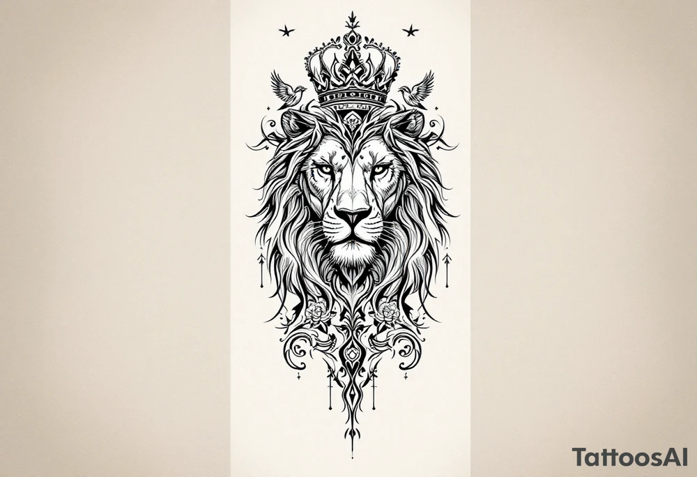powerful majestic lion with a crown, surrounded by floral ornaments and birds tattoo idea