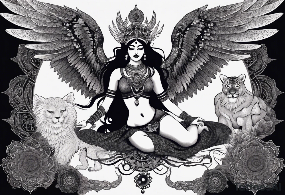 black kali, goddess pirate, alien, angel, pachamama, valkrye, warrior, flying, skull, lotus azul, wing, eagle, zenza resonance, stars, 5D, anahata chakra, death, durga, riding on a tiger, flying lady, kundalini, chest tatoo, samuri, rebel,serpent tattoo idea