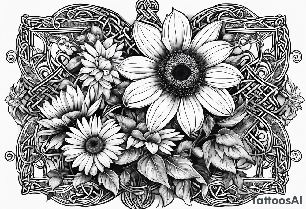 book with daisy bouquet and a sunflower and a celtic dara knot tattoo idea