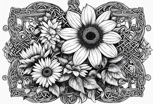 book with daisy bouquet and a sunflower and a celtic dara knot tattoo idea
