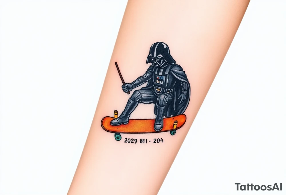Darth Vader skateboarding > bullets > in loving memory > colors
add words "Darth Carter" to skateboard
add date 12/29/88-01/06/24 tattoo idea