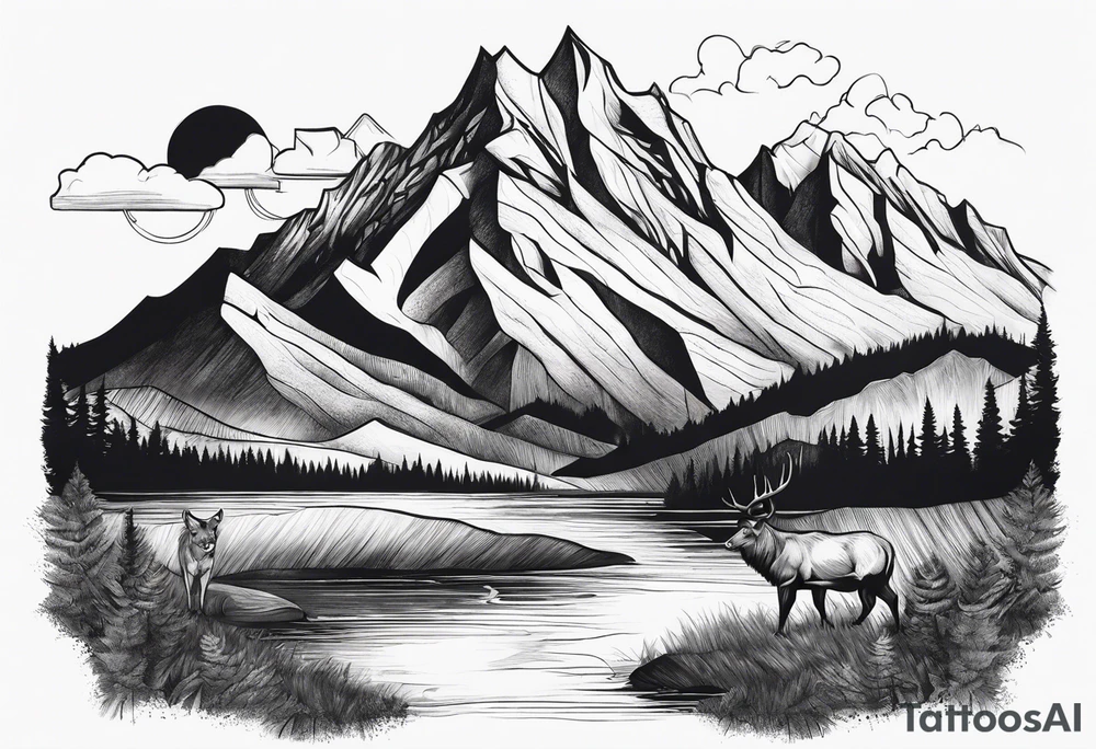 Mountains, animals, concept tattoo idea