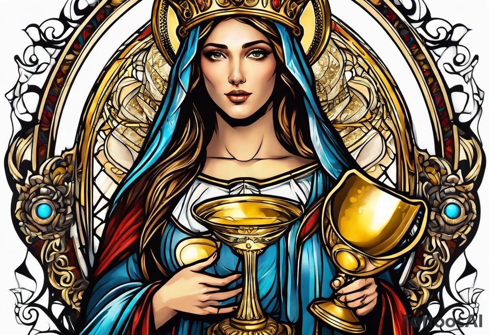 holy saint woman with golden halo holding a chalice tattoo idea
