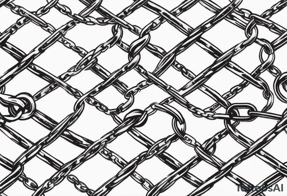 Create a tattoo sketch in a realistic style, depicting a straight chain lying horizontally on a white background. The chain links should be identical in size, evenly spaced, and perfectly aligned from a top-down view. Focus on capturing the metallic texture, reflections, shadows, and signs of wear on each link for a lifelike effect. tattoo idea