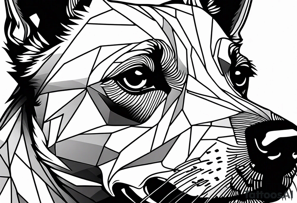 Face of a dog looking to the side, half of face is black tattoo idea