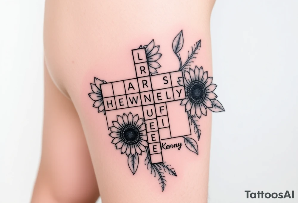 Crossword puzzle with sunflowers with names Gloria, Ariel, Herbert, Camila, and Kenny tattoo idea