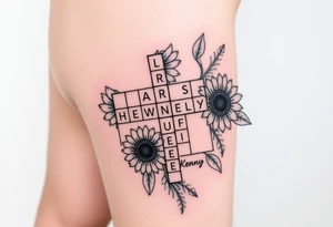 Crossword puzzle with sunflowers with names Gloria, Ariel, Herbert, Camila, and Kenny tattoo idea