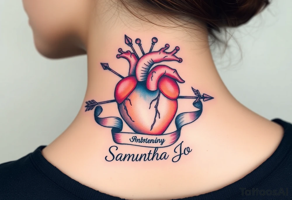 anatomical heart pierced by ornate arrow with flowing ribbons with the name Samantha Jo tattoo idea