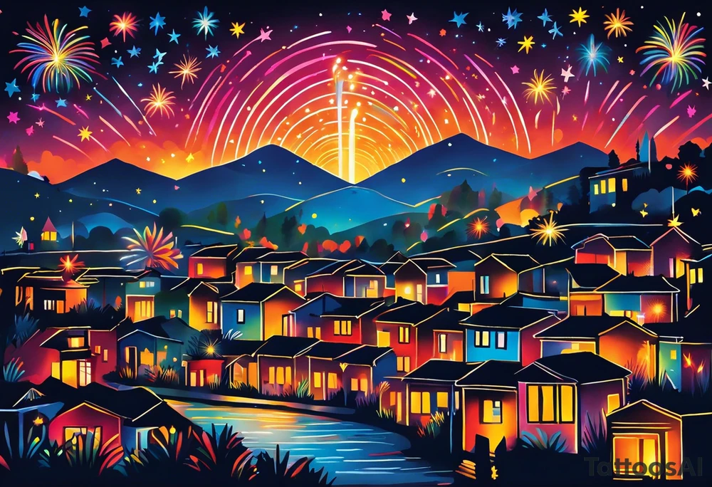 Fireworks burst across the night sky, surrounded by glowing candles and stars, capturing the magic and nostalgia of Colombian December nights. The scene is vibrant with multi-colored lights and an air of celebration. Soft linework mist or halos around the fireworks adds a magical, dreamy quality to the scene. The tattoo reflects joy and tradition, with an emphasis on warmth and festivity. tattoo idea