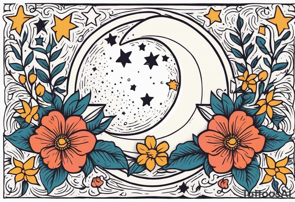 stars and moon

old school vintage simple traditional design with vintage flowers surrounding
bold color simple tattoo idea