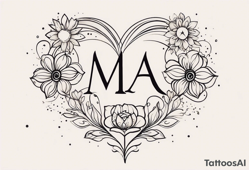 "Design a tattoo for my daughter Mia, born on June 28, 2011. Include her name 'Mia' and her birthdate '28-06-2011' in an elegant script or roman numerals. Surround the date with symbols of love, like a heart or infinity sign, and add elements like the moon and stars for her zodiac sign (Cancer) and a blooming flower to represent her growth. Blend the birthdate seamlessly into the design, perhaps as part of the stem of the flower or intertwined with the stars." tattoo idea