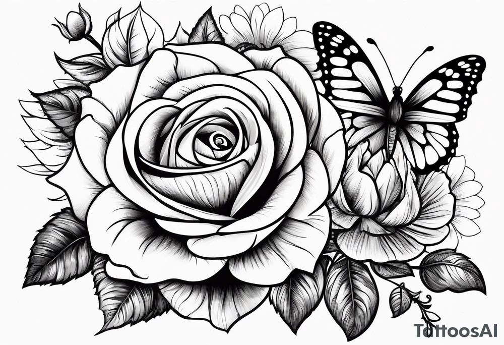 Flower rose, sunflower, butterfly, paw print tattoo idea