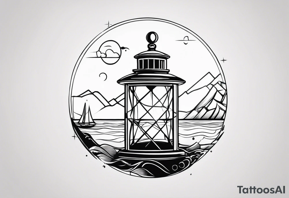 farol linhas bem finas e geométricas e desenho com moldura redonda. bem minimalista tattoo idea